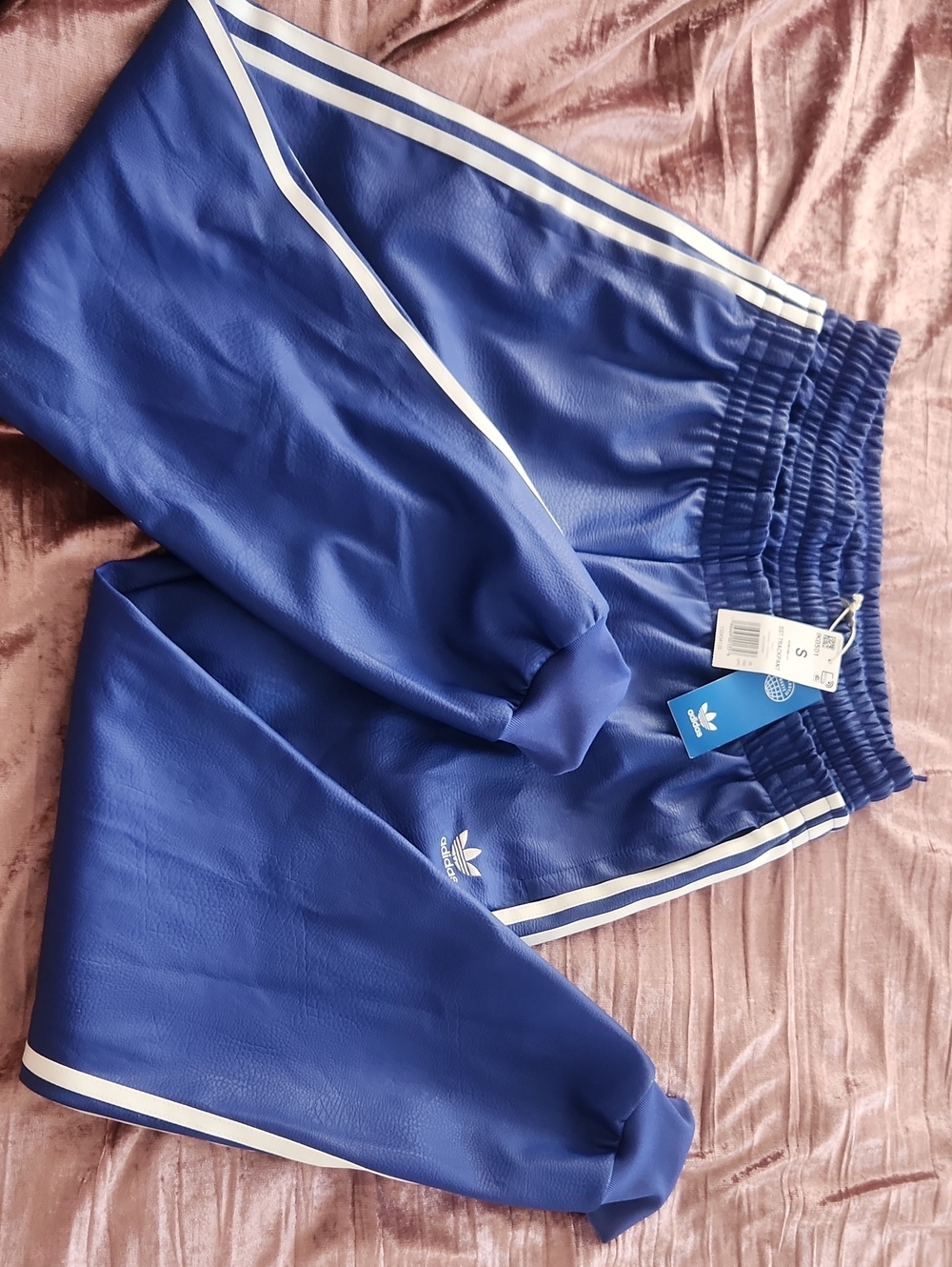 Adidas Royal Blue PU Leather Joggers with White Stripes